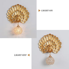 Aeyee Peacock Wall Mount Lamp, Elegant Bedside Lamp with Crystal Shade, Retro Wall Light Fixtures for Bedroom Balcony, Gold
