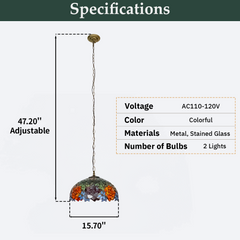 Aeyee Tiffany Style Pendant Light Fixture, Stained Glass Hanging Lamp, Floral Design Pendant Light, Vintage Lighting with Handmade Lampshade for Kitchen Island Dining Room