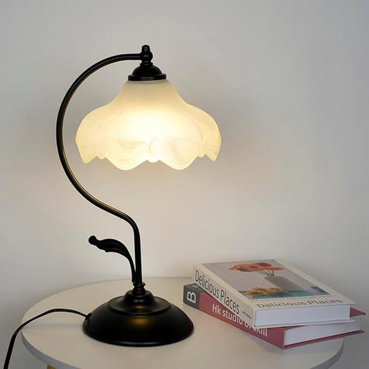 Aeyee Floral Table Lamp, Elegant Bedside Nightstand Lamps with Glass Shade, Vintage Night Light for Bedroom Living Room