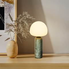 Aeyee Modern Marble Table Lamp with Frosted Glass Shade, Cute Glass Globe Night Light, Natural Yellow Travertine Desk Lamp for Bedroom Living Room (Beige)