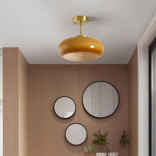 Aeyee Semi Flush Mount Ceiling Light, Hallway Ceiling lamp with Glass Shade, Vintage Hanging Light Fixtures, Orange Finish