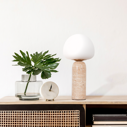 Aeyee Modern Marble Table Lamp with Frosted Glass Shade, Cute Glass Globe Night Light, Natural Yellow Travertine Desk Lamp for Bedroom Living Room (Beige)