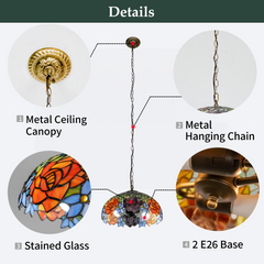 Aeyee Tiffany Style Pendant Light Fixture, Stained Glass Hanging Lamp, Floral Design Pendant Light, Vintage Lighting with Handmade Lampshade for Kitchen Island Dining Room