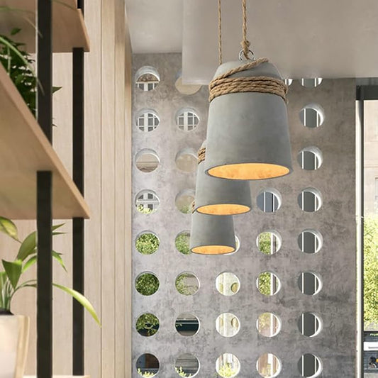 Aeyee Concrete Pendant Lamp, 1 Light Industrial Farmhouse Style Hanging Lamp, Cement Bell Pendant Fixture with Hemp Rope Deco
