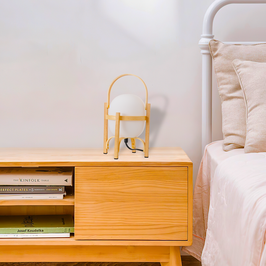 Aeyee Basket Table Lamp with Glass Shade, Modern Wood Bedside Lamp, Cute Night Light, Boho Style Desk Lamp for Bedroom Nightstand