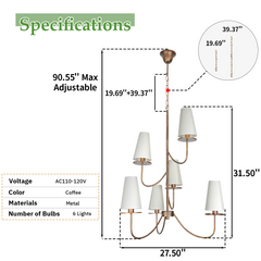 Aeyee Modern Chandeliers, Classic Multi-Layered Pendant Light Fixture, Height Adjustable, 6 Lights Elegant Pendant Light with Fabric Shade for Bedroom Living Room