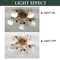 Aeyee Rustic Bird Semi Flush Mount Ceiling Light, Classic Branches Ceiling Light with Fabric Linen Shade, Vintage Pine Cones Ceiling Lamp
