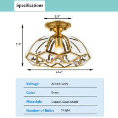Aeyee Elegant Brass Semi-Flush Mount Ceiling Light, Dome Shape Glass Ceiling Light Fixture, Classic Entrance, Front Entry, Hallway Lighting