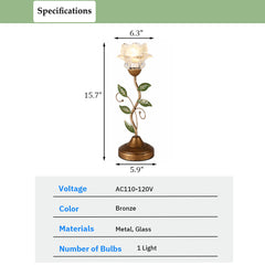 Aeyee Glass Table Lamp, Antique Flower Decorative Bedside Desk Lamp with Green Leaf, Small Retro Decorative Lamp for Bedroom Living Room Bronze Finish