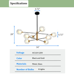 Aeyee Glass Globe Pendant Light Fixture, Sputnik Chandelier, 8 Lights Mid Century Hanging Light for Dining Room Bedroom