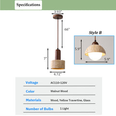 Aeyee Stone Pendant Lamp, Modern Walnut Wood Decoration Hanging Light, Small Yellow Travertine Pendant Lamp for Farmhouse Kitchen Island