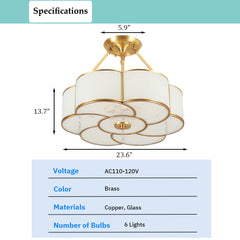 Aeyee Flower Shape Semi-Flush Mount Ceiling Light, Glass Ceiling Light Fixture for Living Room Hall Bedroom, Brass Ceiling Pendant Light