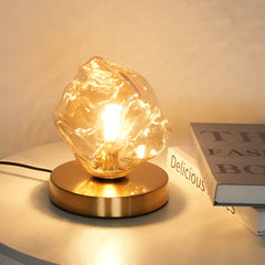 Aeyee Modern Glass Table Lamp Ice Cubes Shaped Bedside Nightstand Lamp Small Decorative Night Light for Bedroom Living Room Amber Finish