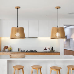 Aeyee Wood Pendant Light Fixture, 1 Light Rattan Pendant Lamp, Drum Shaped Woven Hanging Light for Kitchen Island Nursery