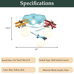 Aeyee Blue Airplane Ceiling Light Fixtures, Modern Boy Bedroom Ceiling Lamp, Modern Glass Globe Flush Mount Ceiling Light for Kids Room Nursery