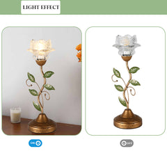 Aeyee Glass Table Lamp, Antique Flower Decorative Bedside Desk Lamp with Green Leaf, Small Retro Decorative Lamp for Bedroom Living Room Bronze Finish