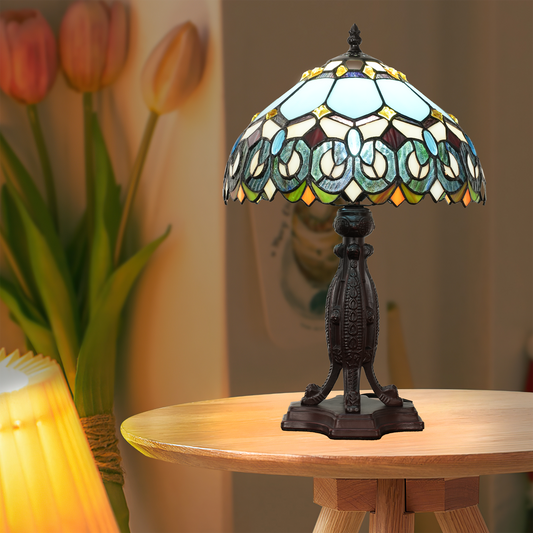 Aeyee Tiffany Style Table Lamp, Stained Glass Desk Lamp, Vintage Blue Bedside Night Light, 11.8 Inch Table Light with Handmade Lampshade for Bedroom Living Room