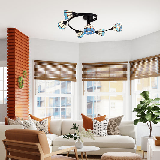 Aeyee Tiffany Style Ceiling Light, Classy Stained Glass Flush Mount Ceiling Light with Green / blue Leaves, Retro Ceiling Lamp for Living Room Bedroom