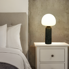 Aeyee Modern Marble Table Lamp with Frosted Glass Shade, Cute Glass Globe Night Light, Natural Yellow Travertine Desk Lamp for Bedroom Living Room (Beige)