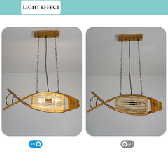 Rattan Pendant Light Fixture - Aeyee Fish Shaped Chandelier, 2 Lights Woven Ceiling Hanging Light with Adjustable Cord for Kitchen Island Nursery