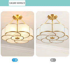 Aeyee Flower Shape Semi-Flush Mount Ceiling Light, Glass Ceiling Light Fixture for Living Room Hall Bedroom, Brass Ceiling Pendant Light