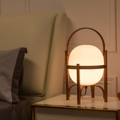 Aeyee Basket Table Lamp with Glass Shade, Modern Wood Bedside Lamp, Cute Night Light, Boho Style Desk Lamp for Bedroom Nightstand in Walnut