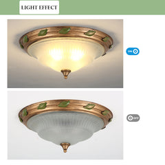 Vintage Glass Ceiling Light Fixtures, Elegant Green Leaves Ceiling lamp, Round Frosted Glass Semi Flush Mount Ceiling Ligh