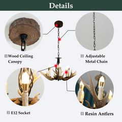 Aeyee Rustic Antlers Chandelier 6 Lights Deer Chandelier Vintage Antler Pendant Light Fixtures with E12 Base Farmhouse Antler Lamp for Cabin, Dining Area, Bedroom