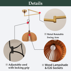 Aeyee Adjustable Swing Arm Pendant Light Vintage Dining Room Light Flexible Hanging Light Fixtures Wood Pendant Light for Dining Room