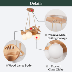 Aeyee Creative Airplane Pendant Light Fixtures, Modern Kids Bedroom Wood Hanging Light, Aircraft Chandeliers, Glass Globe Pendant Lighting for Boys Girls Bedroom Nursery