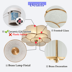Aeyee Brass Flush Mount Ceiling Light, Vintage Frosted Glass Ceiling Lighting Fixture, 4 Lights Classic Ceiling Lamp
