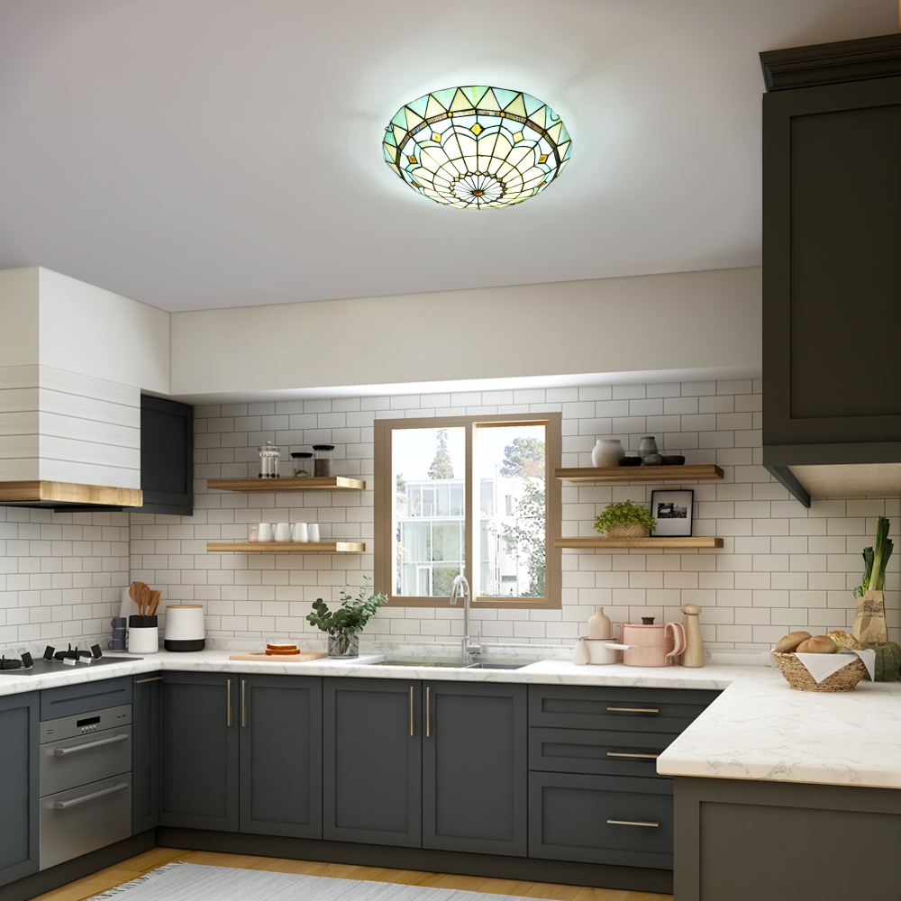 Aeyee Tiffany Style Ceiling Light Stained Glass Semi Flush Mount Ceiling Light Fixture Green Close to Ceiling Light Elegant Flush Mount Lighting