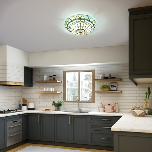 Aeyee Tiffany Style Ceiling Light Stained Glass Semi Flush Mount Ceiling Light Fixture Green Close to Ceiling Light Elegant Flush Mount Lighting