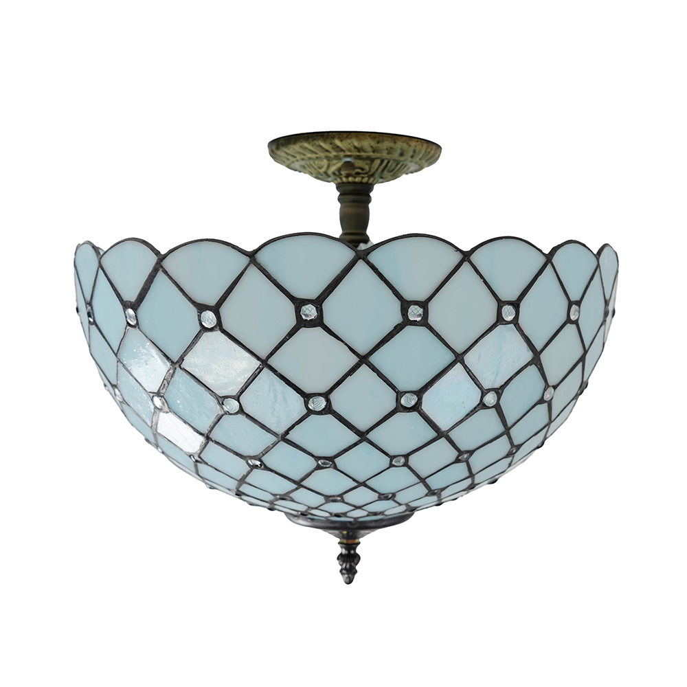 Aeyee Tiffany Style Ceiling Light Stained Glass Semi Flush Mount Ceiling Light Fixture Beads Pattern Close to Ceiling Light Vintage Light Blue Flush Mount Lighting for Foyer Hallway