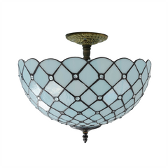 Aeyee Tiffany Style Ceiling Light Stained Glass Semi Flush Mount Ceiling Light Fixture Beads Pattern Close to Ceiling Light Vintage Light Blue Flush Mount Lighting for Foyer Hallway