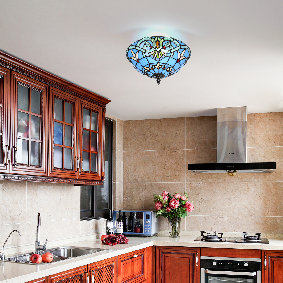 Aeyee Tiffany Style Ceiling Light Stained Glass Semi Flush Mount Ceiling Light Fixture Baroque Style Petal Pattern Close to Ceiling Light Elegant Lighting