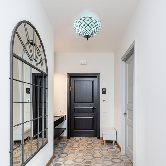 Aeyee Tiffany Style Ceiling Light Stained Glass Semi Flush Mount Ceiling Light Fixture Beads Pattern Close to Ceiling Light Vintage Light Blue Flush Mount Lighting for Foyer Hallway