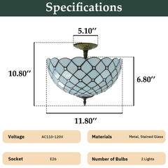 Aeyee Tiffany Style Ceiling Light Stained Glass Semi Flush Mount Ceiling Light Fixture Beads Pattern Close to Ceiling Light Vintage Light Blue Flush Mount Lighting for Foyer Hallway