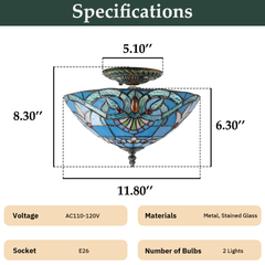 Aeyee Tiffany Style Ceiling Light Stained Glass Semi Flush Mount Ceiling Light Fixture Baroque Style Petal Pattern Close to Ceiling Light Elegant Lighting