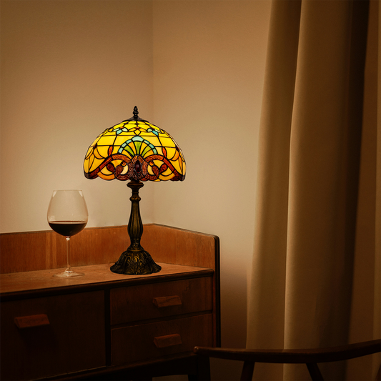 Aeyee Tiffany Style Table Lamp, Baroque Style Stained Glass Desk Lamp, Vintage Night Light, Bedside Desk Reading Light with Handmade Lampshade for Bedroom Living Room Home Office