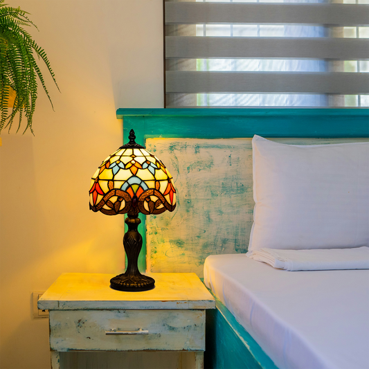 Aeyee Tiffany Style Table Lamp, Baroque Style Stained Glass Desk Lamp, Vintage Night Light, 8 Inch Reading Light with Handmade Lampshade for Small Bedside Table Bedroom Living Room