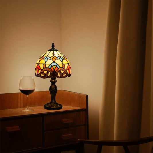 Aeyee Tiffany Style Table Lamp, Baroque Style Stained Glass Desk Lamp, Vintage Night Light, 8 Inch Reading Light with Handmade Lampshade for Small Bedside Table Bedroom Living Room