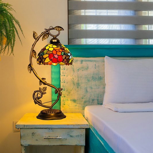 Aeyee Tiffany Style Table Lamp with Metal Leaf, Stained Glass Desk Lamp, Vintage Night Light, Art Deco Reading Light with Handmade Lampshade for Nightstand Living Room