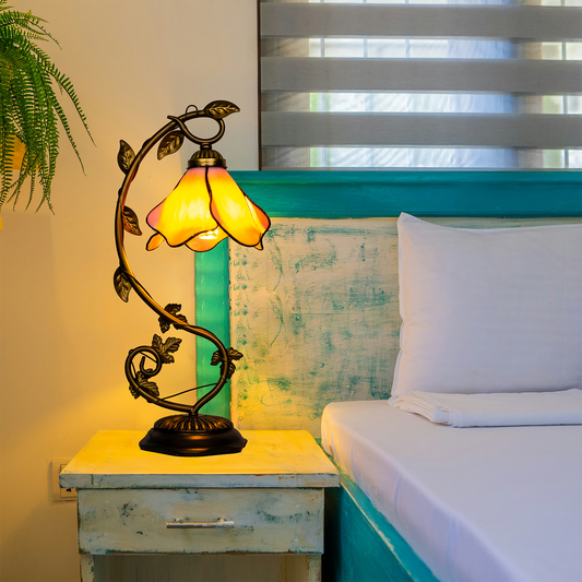 Aeyee Tiffany Style Table Lamp with Metal Leaf, Stained Glass Desk Lamp, Vintage Night Light, Art Deco Reading Light with Handmade Lampshade for Nightstand Living Room
