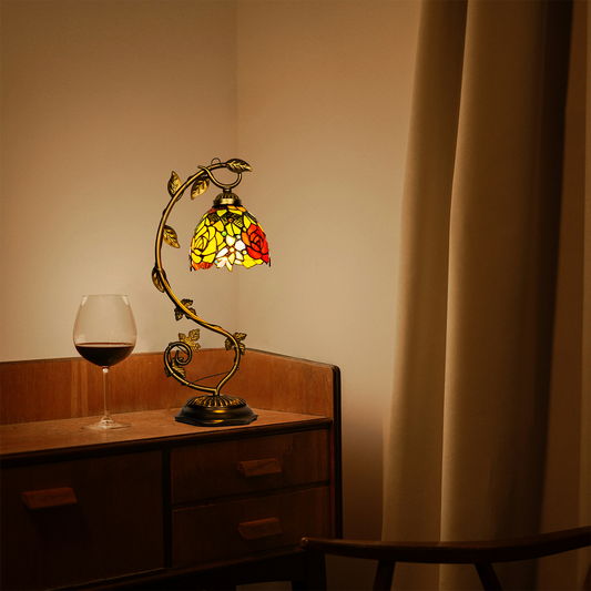 Aeyee Tiffany Style Table Lamp with Metal Leaf, Stained Glass Desk Lamp, Vintage Night Light, Art Deco Reading Light with Handmade Lampshade for Nightstand Living Room (Rose)