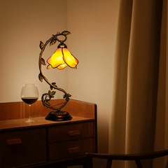 Aeyee Tiffany Style Table Lamp with Metal Leaf, Stained Glass Desk Lamp, Vintage Night Light, Art Deco Reading Light with Handmade Lampshade for Nightstand Living Room