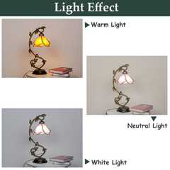 Aeyee Tiffany Style Table Lamp with Metal Leaf, Stained Glass Desk Lamp, Vintage Night Light, Art Deco Reading Light with Handmade Lampshade for Nightstand Living Room