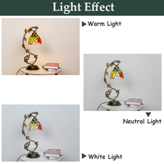 Aeyee Tiffany Style Table Lamp with Metal Leaf, Stained Glass Desk Lamp, Vintage Night Light, Art Deco Reading Light with Handmade Lampshade for Nightstand Living Room (Rose)
