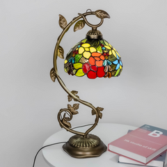 Aeyee Tiffany Style Table Lamp with Metal Leaf, Stained Glass Desk Lamp, Vintage Night Light, Art Deco Reading Light with Handmade Lampshade for Nightstand Living Room