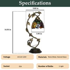 Aeyee Tiffany Style Table Lamp with Metal Leaf, Stained Glass Desk Lamp, Vintage Night Light, Art Deco Reading Light with Handmade Lampshade for Nightstand Living Room (Rose)